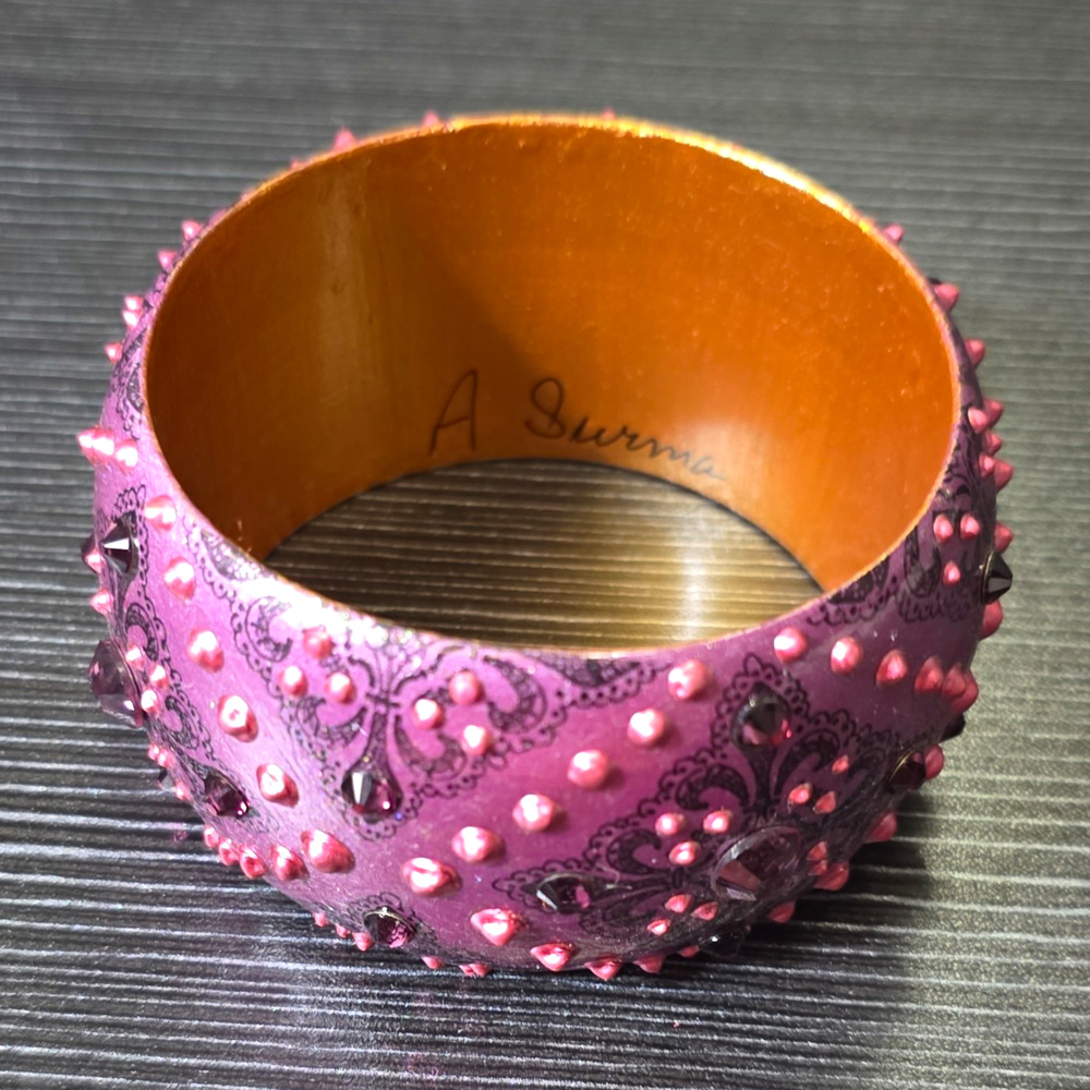 BOHO Chunky Purple Pink Black Rhinestone Studded Bangle Bracelet Signed A Surma
